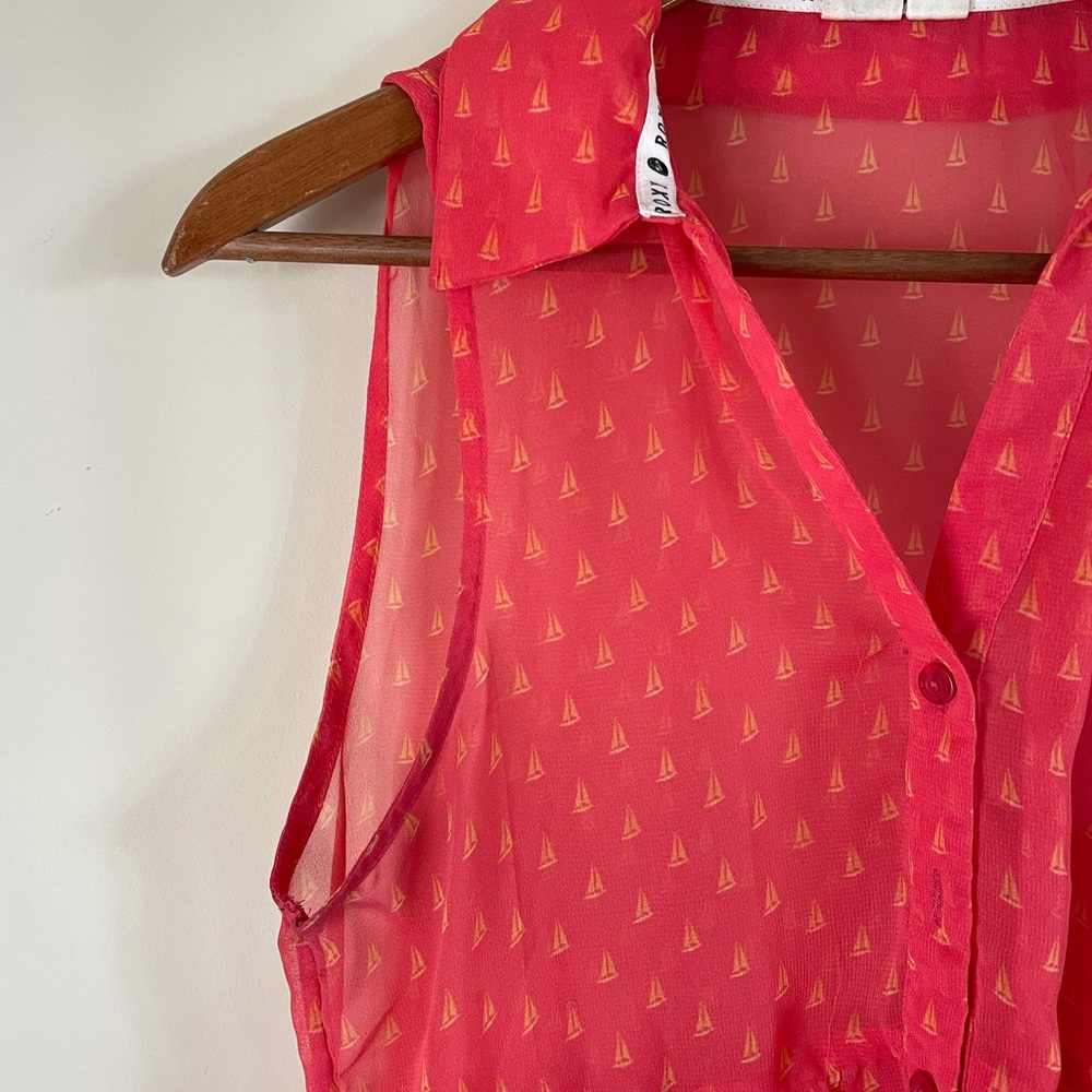 Roxy Sheer Tank Top Button Up Collared Blouse Size Medium